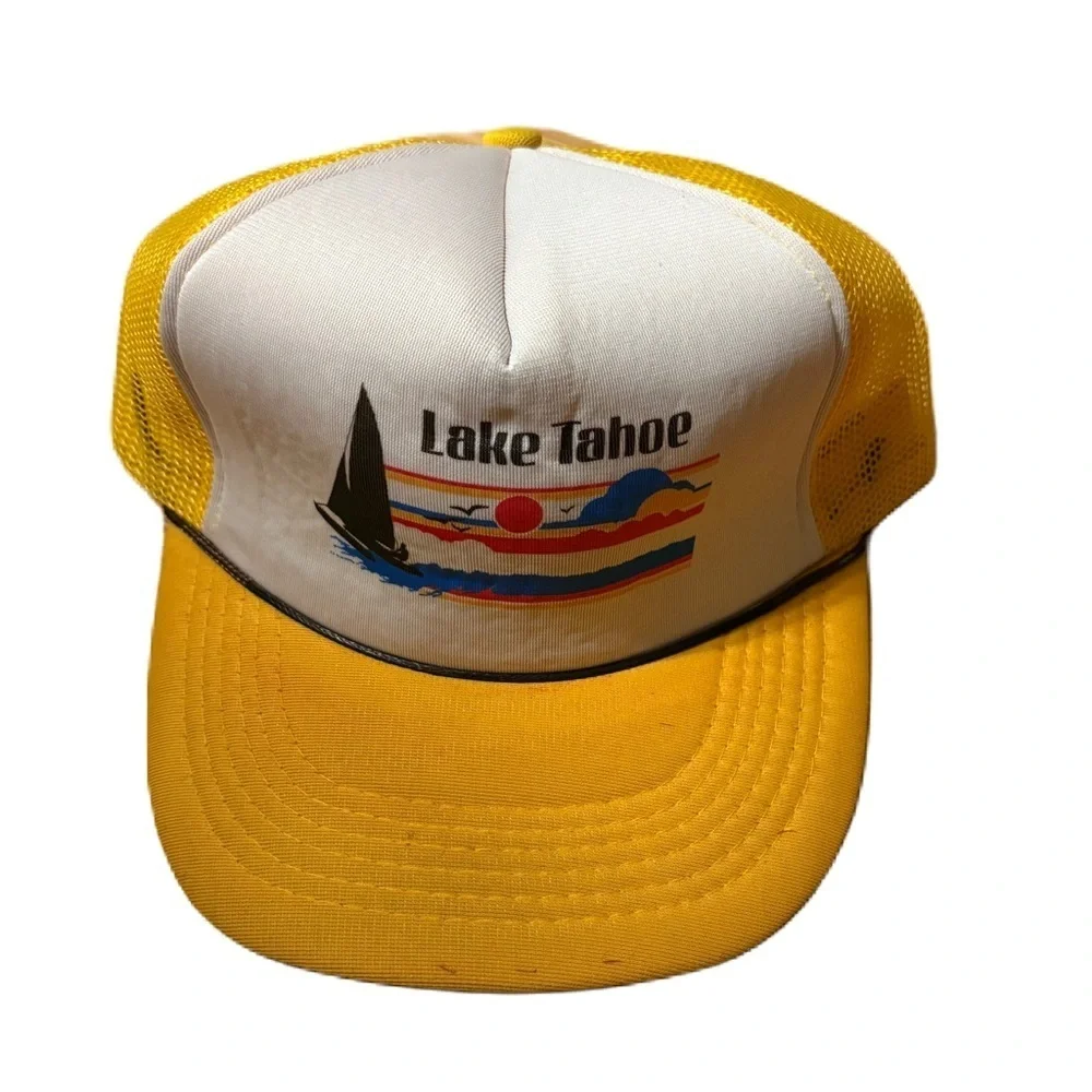 Vintage Lake Tahoe Hat Mesh Snap Back Trucker 90s Gold Yellow